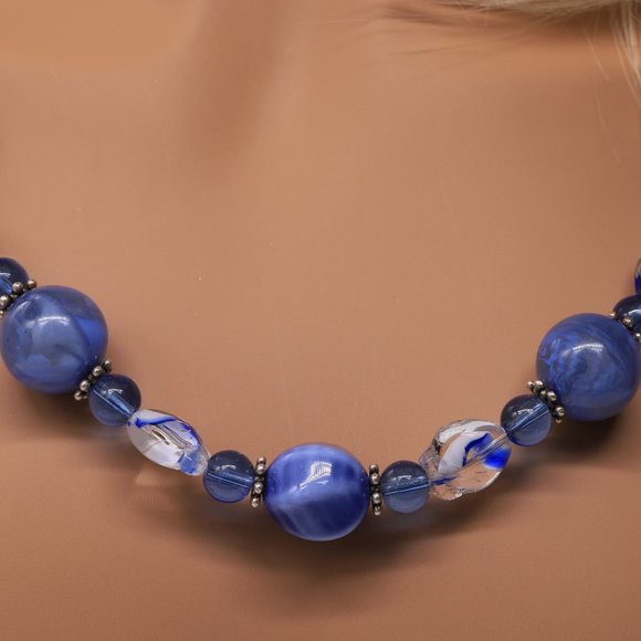 Necklace Blue Glass Blown Beads Lobster Clasp - Picture 3 of 3